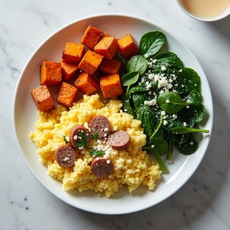 Egg White Scramble with Turkey Sausage and Sautéed Spinach with Roasted Sweet Potato Cubes