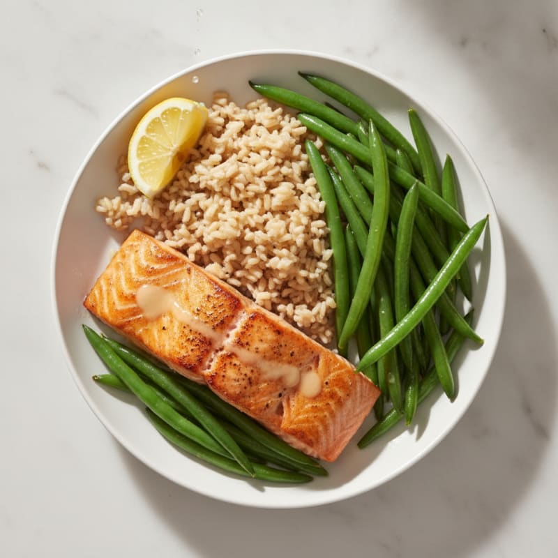 Seared Salmon with Steamed Green Beans and Brown Rice