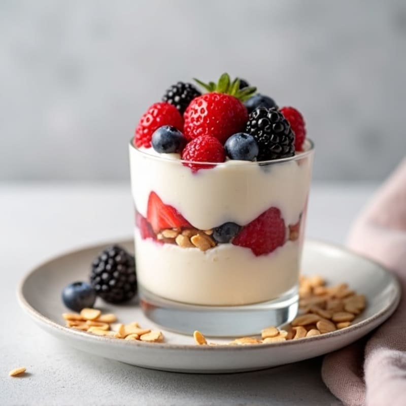 Vanilla Greek Yogurt Protein Parfait with Almonds and Mixed Berries