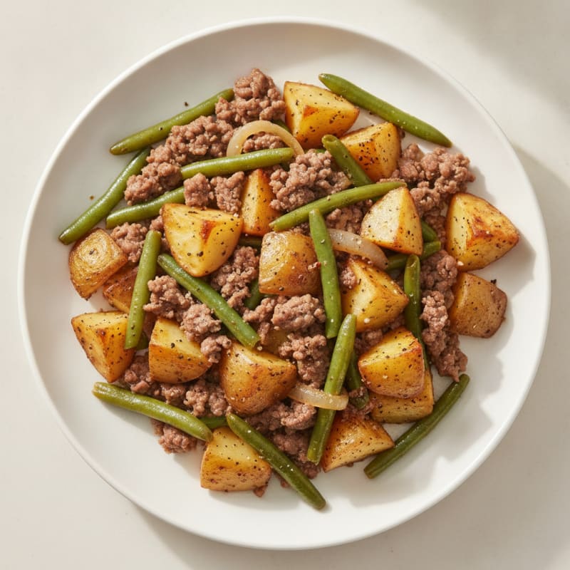 Ground Beef Skillet with Roasted Potatoes and Green Beans