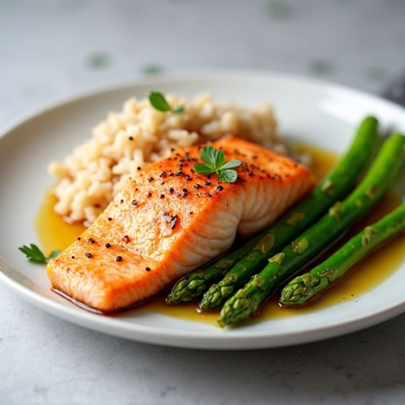 Baked Salmon Fillet with Steamed Asparagus and Brown Rice