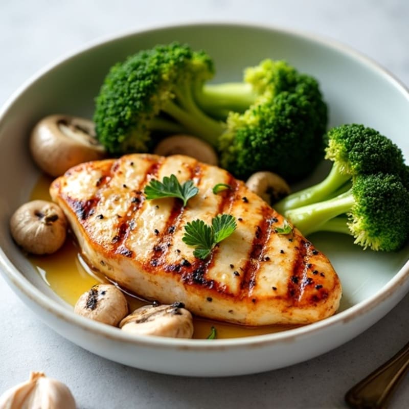Grilled Chicken Breast with Roasted Broccoli and Garlic Mushrooms