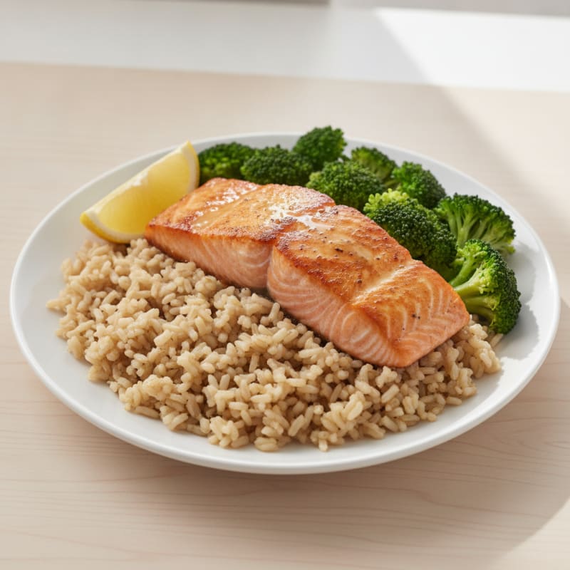 Seared Salmon with Steamed Broccoli and Brown Rice
