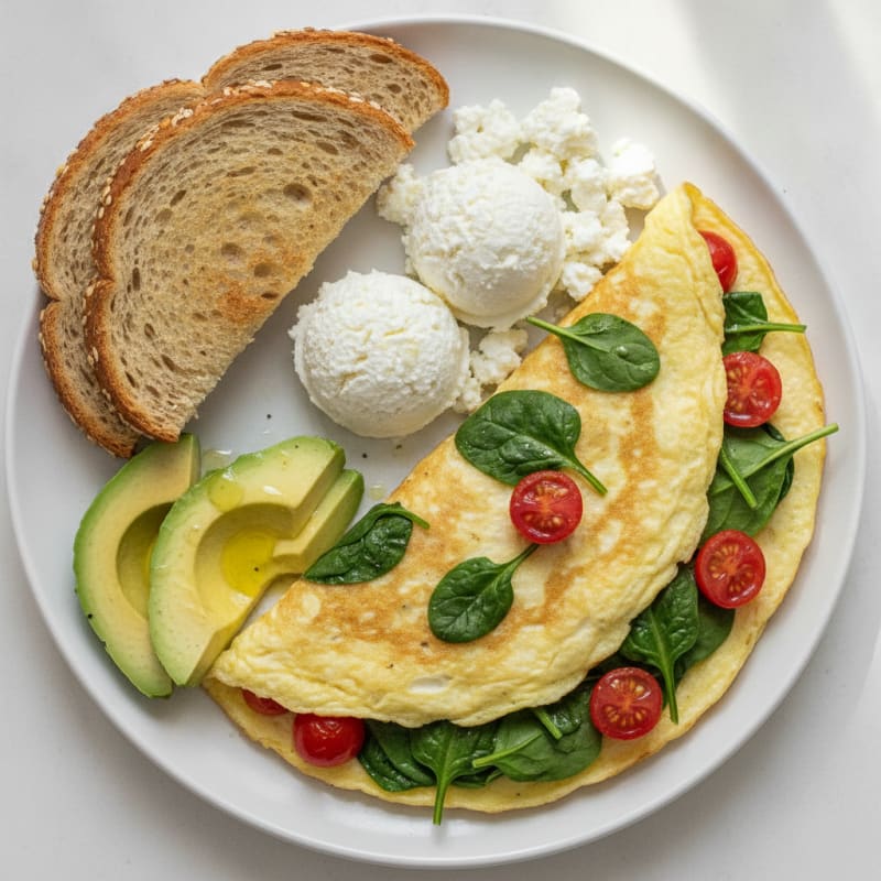 Egg White Spinach Omelette with Cottage Cheese and Cherry Tomatoes
