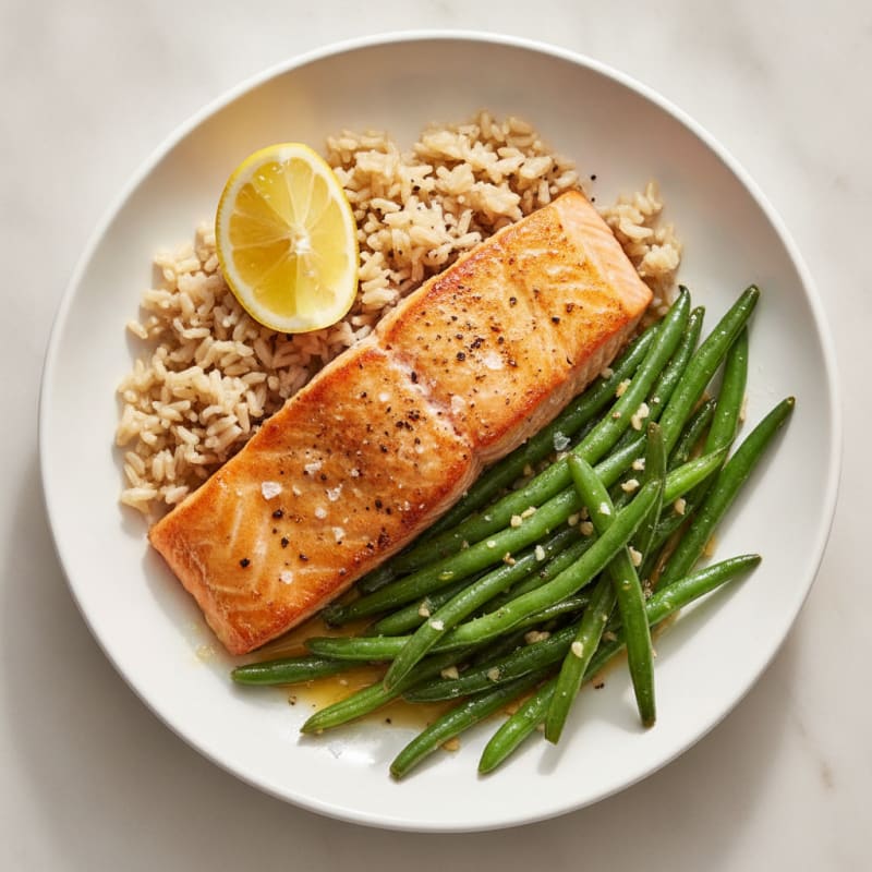 Seared Salmon Fillet with Garlic Green Beans and Brown Rice