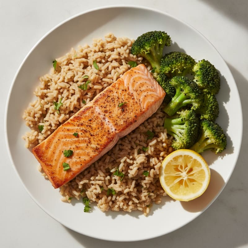 Seared Salmon Fillet with Steamed Broccoli and Herb Rice
