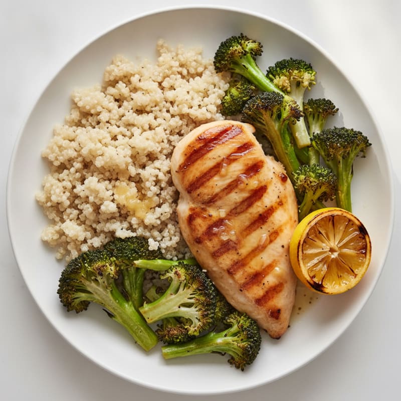 Grilled Lemon-Garlic Chicken Breast with Quinoa and Roasted Broccoli