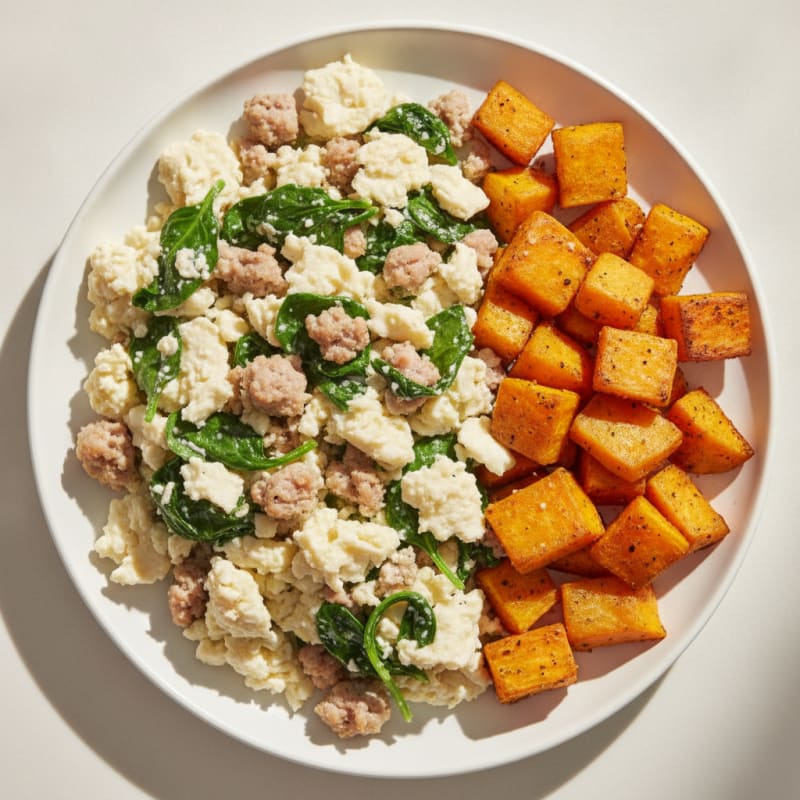 Egg White and Turkey Sausage Scramble with Spinach and Roasted Sweet Potato