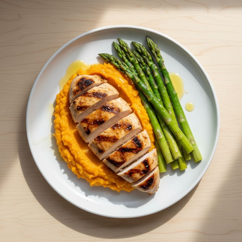 Grilled Chicken Breast with Steamed Asparagus and Sweet Potato Mash