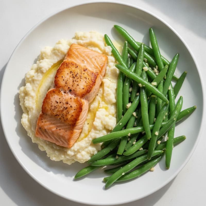 Seared Salmon with Garlic Green Beans and Cauliflower Mash