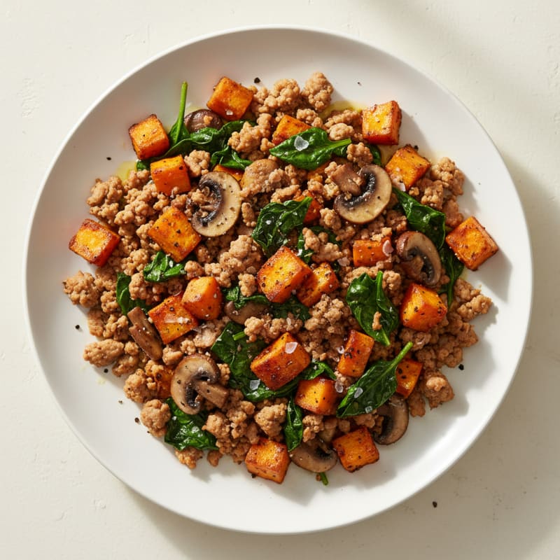 Turkey & Sweet Potato Hash with Sautéed Spinach