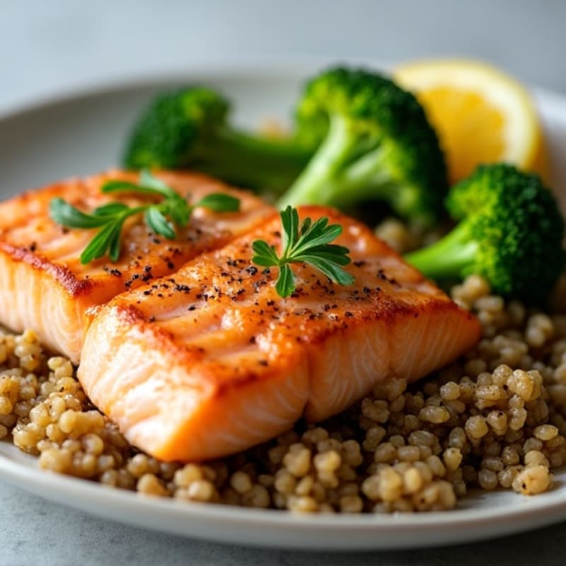 Seared Salmon with Roasted Broccoli and Quinoa