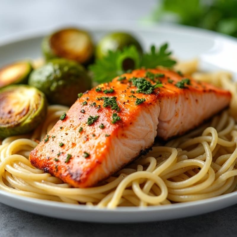 Seared Salmon Steak with Garlic Herb Pasta