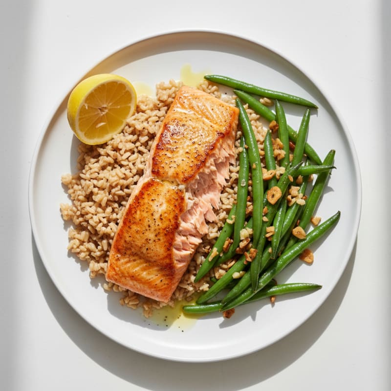 Seared Salmon with Garlic Green Beans and Brown Rice