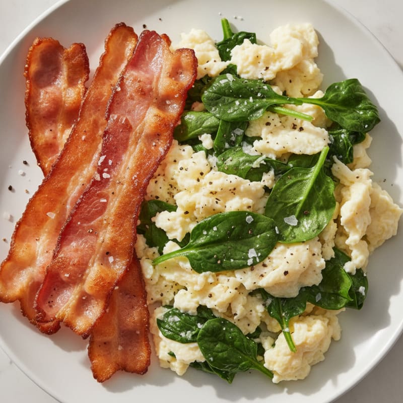 Crispy Turkey Bacon and Egg White Scramble with Sautéed Spinach