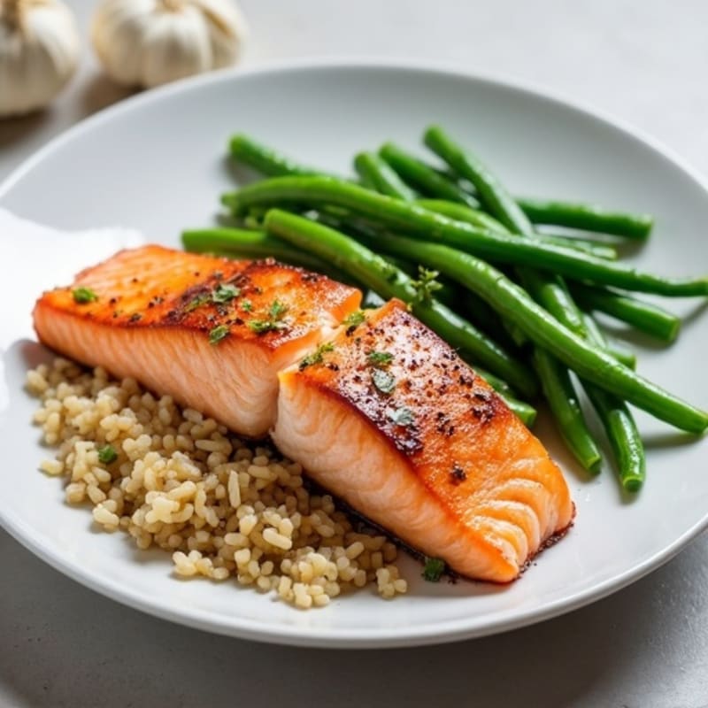 Seared Salmon Fillet with Garlic Green Beans and Brown Rice