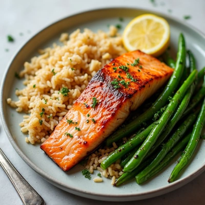 Seared Salmon with Garlic Green Beans and Brown Rice