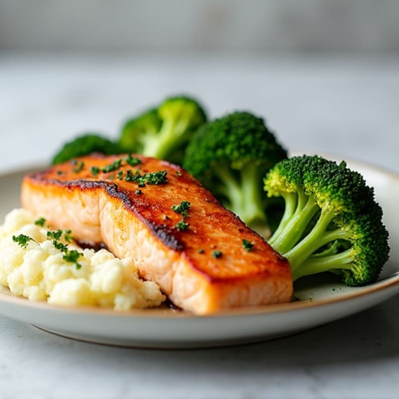Seared Salmon Fillet with Roasted Broccoli and Garlic Mashed Cauliflower