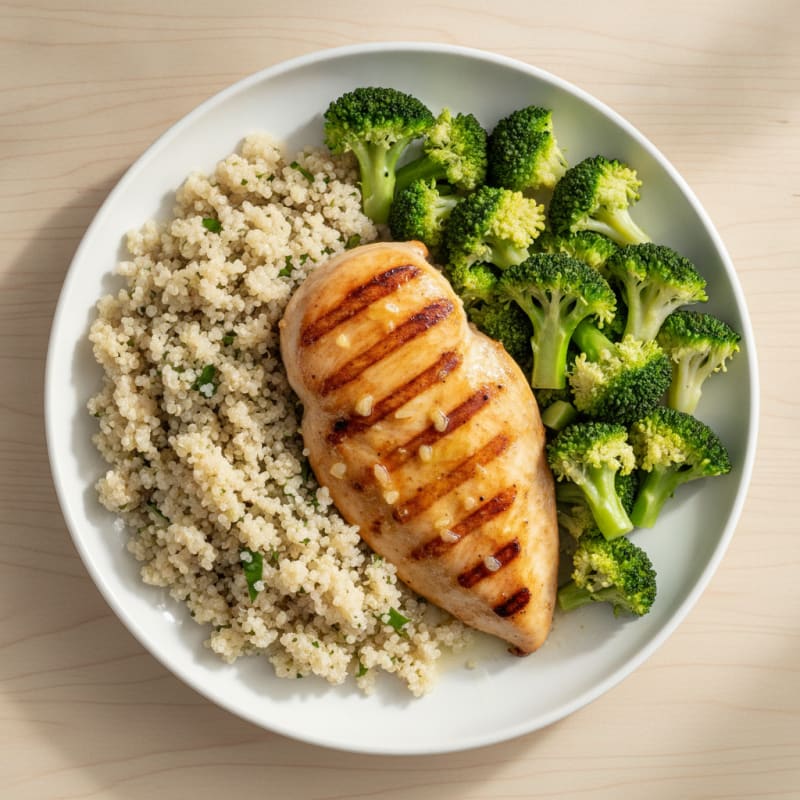Grilled Lemon Chicken Breast with Quinoa and Steamed Broccoli