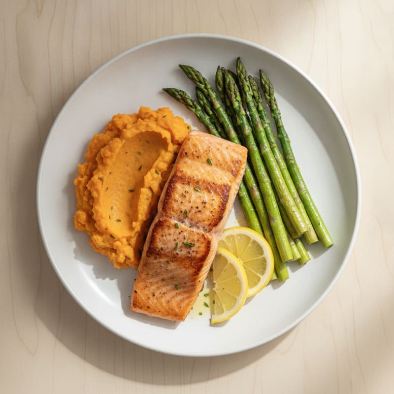 Seared Salmon Fillet with Roasted Asparagus and Sweet Potato Mash