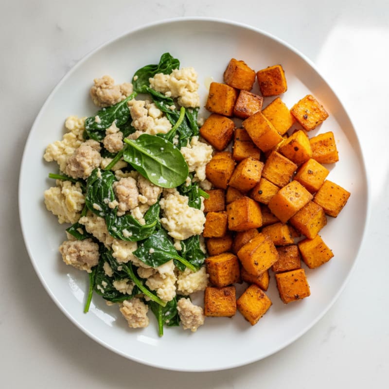 Egg White and Turkey Sausage Scramble with Spinach and Roasted Sweet Potatoes