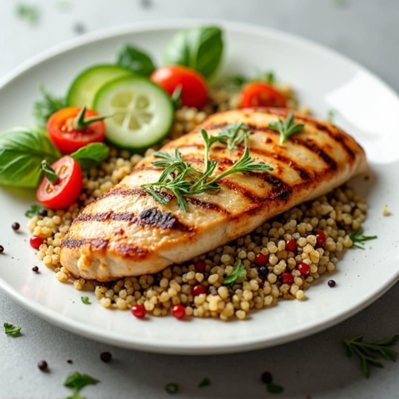 Grilled Chicken Breast with Quinoa and Crisp Cucumber Tomato Salad