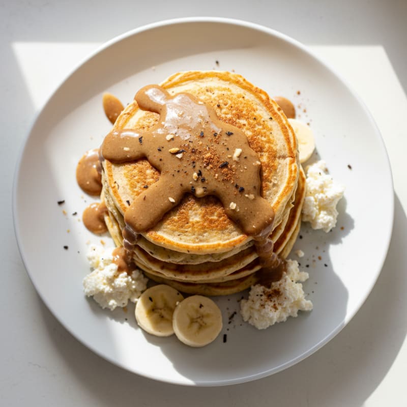 Cottage Cheese Banana Pancakes with Almond Butter Drizzle