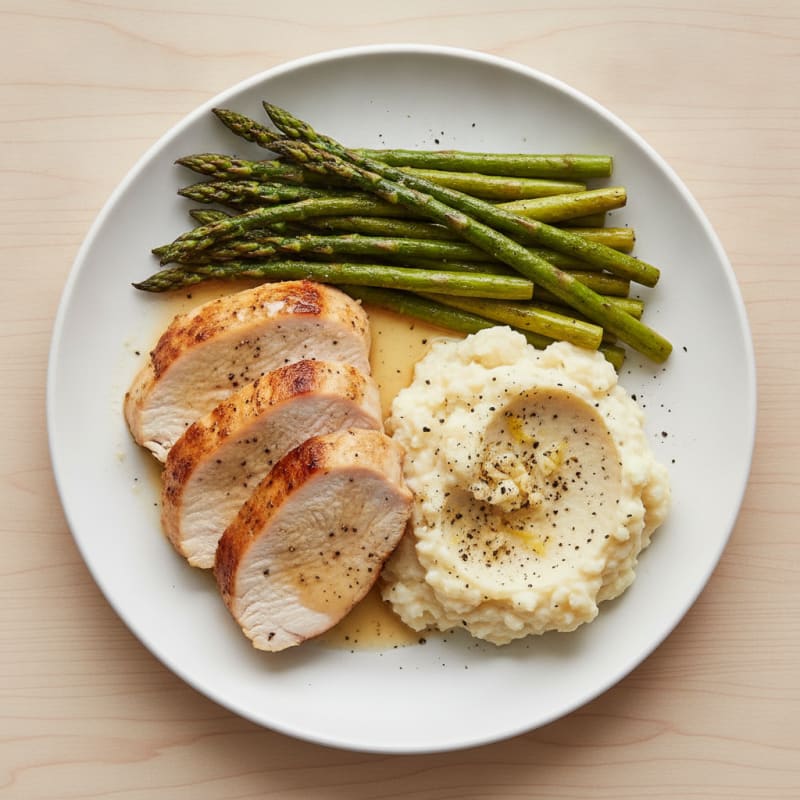Seared Turkey Breast with Roasted Asparagus and Cauliflower Mash