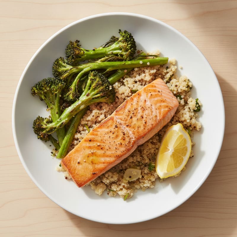 Seared Salmon with Roasted Broccoli and Garlic Quinoa