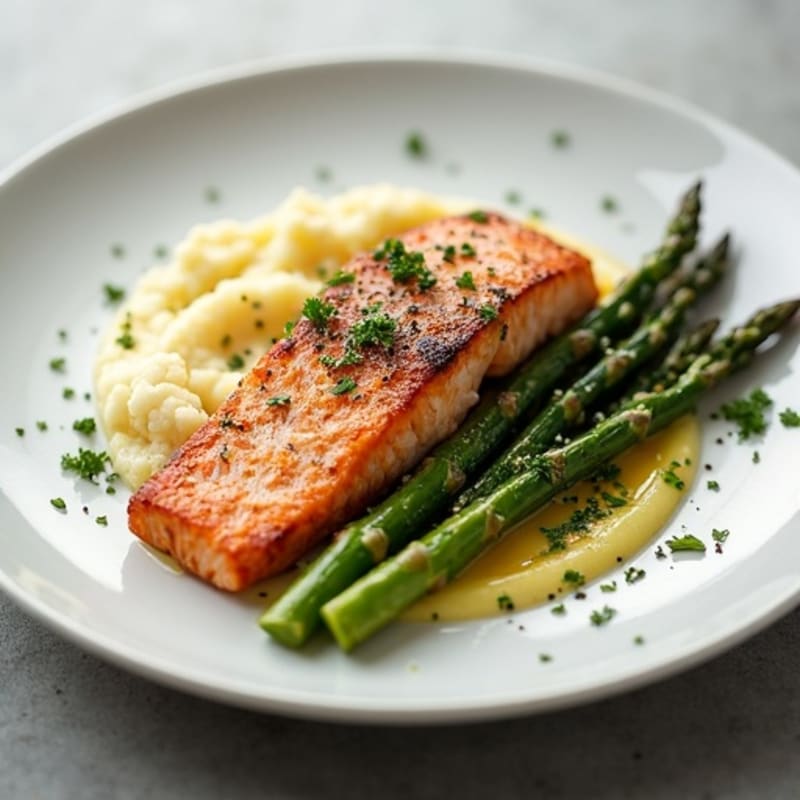 Seared Salmon Fillet with Roasted Asparagus and Cauliflower Mash