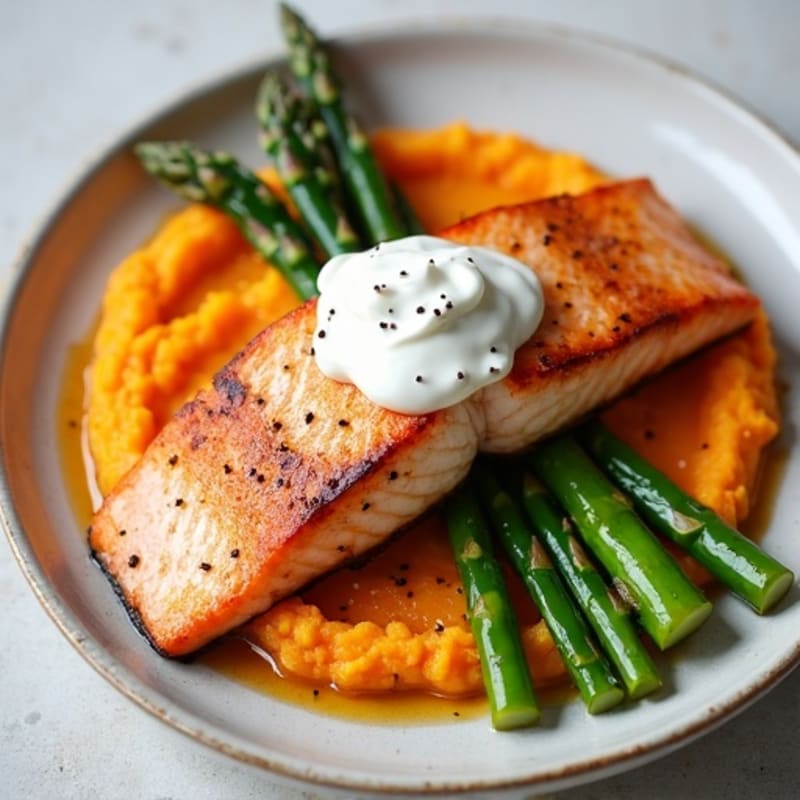 Seared Salmon Fillet with Roasted Asparagus and Sweet Potato Mash
