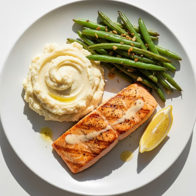 Seared Salmon Fillet with Garlic Green Beans and Mashed Cauliflower