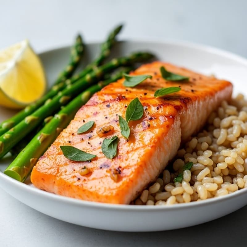 Seared Salmon with Steamed Asparagus and Brown Rice