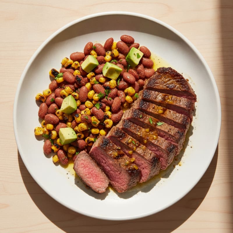 Citrus-Garlic Seared Steak with Charred Corn and Pinto Beans