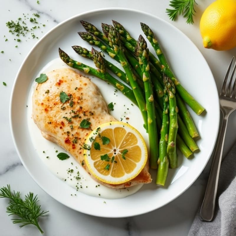 Lemon Herb Chicken with Creamy Greek Yogurt Sauce and Roasted Asparagus
