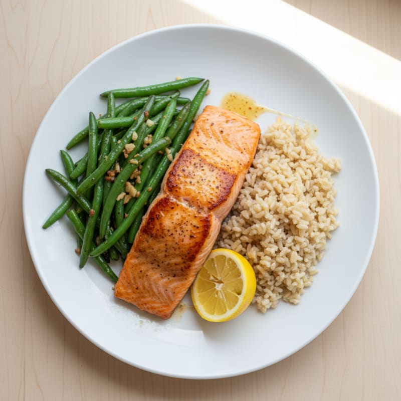 Seared Salmon Fillet with Garlic Green Beans and Brown Rice