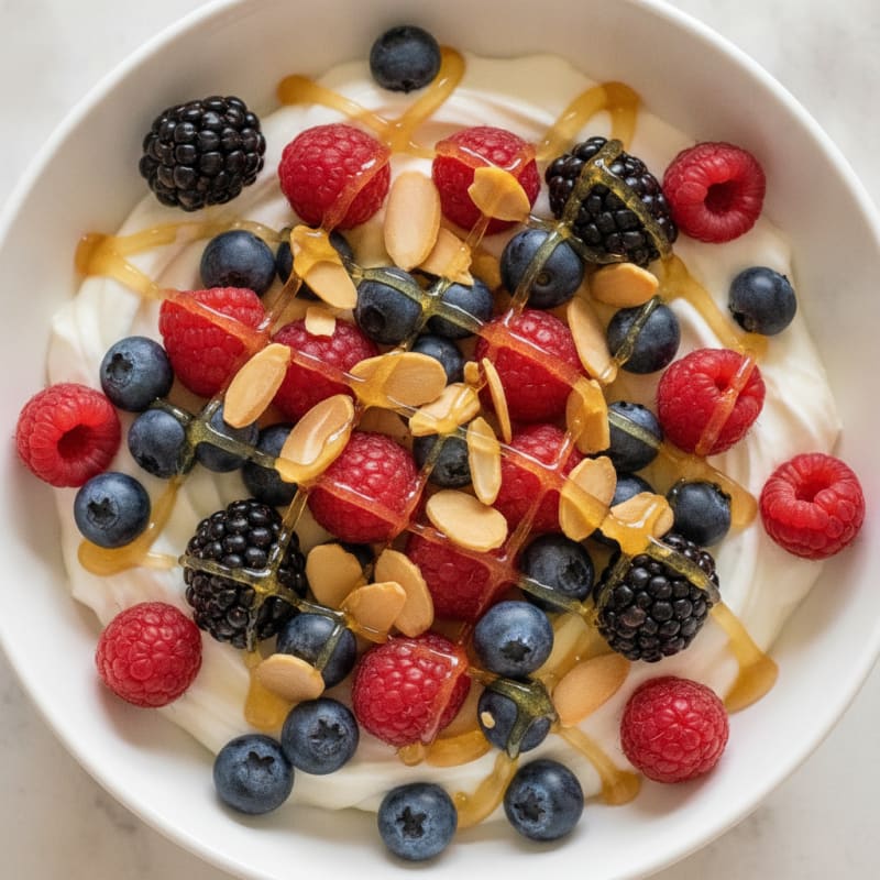 Silky Greek Yogurt with Mixed Berries and Almonds
