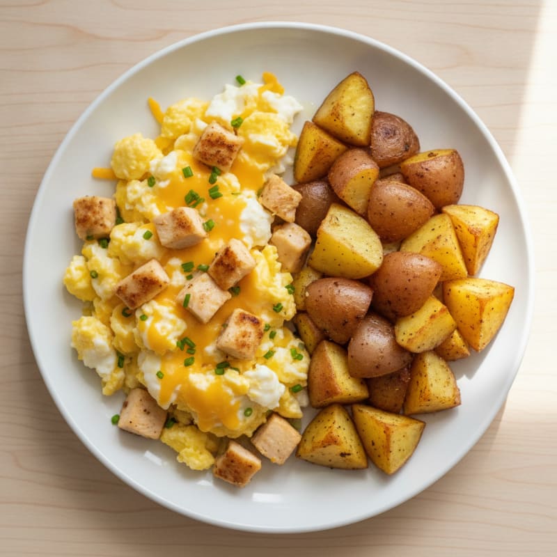 Cheesy Egg White Scramble with Chicken and Roasted Potatoes