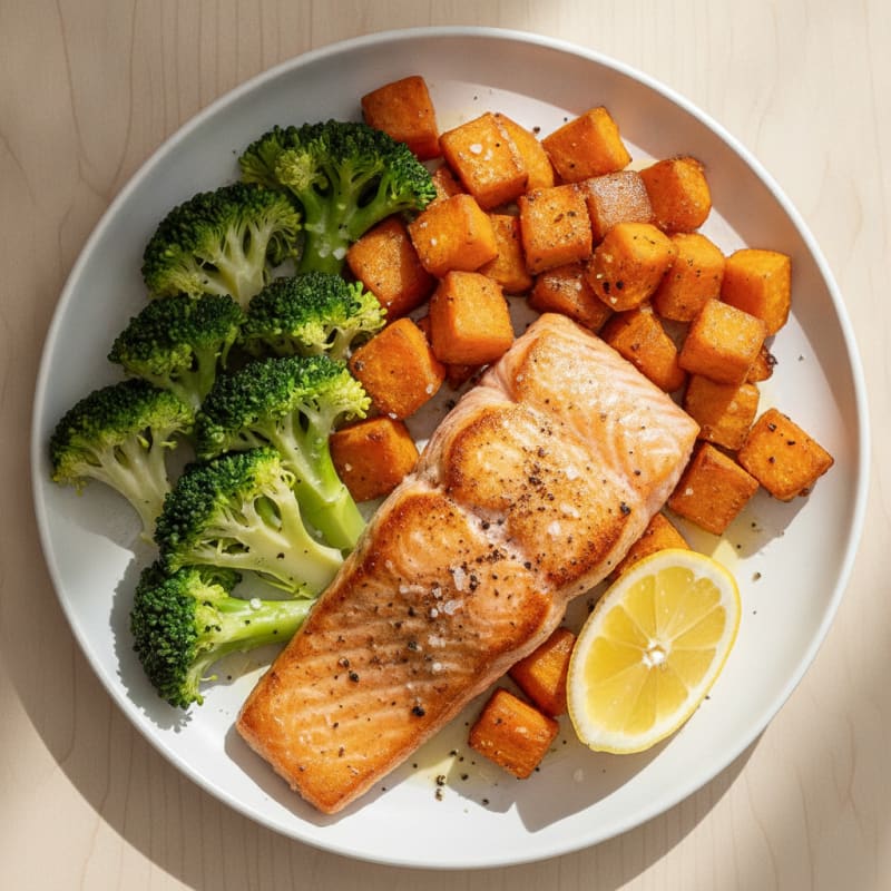 Seared Salmon Fillet with Roasted Sweet Potatoes and Steamed Broccoli