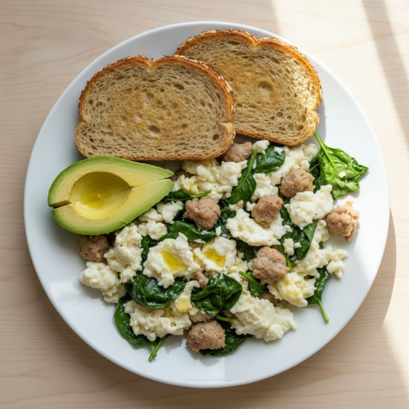 Egg White and Turkey Sausage Scramble with Sautéed Spinach