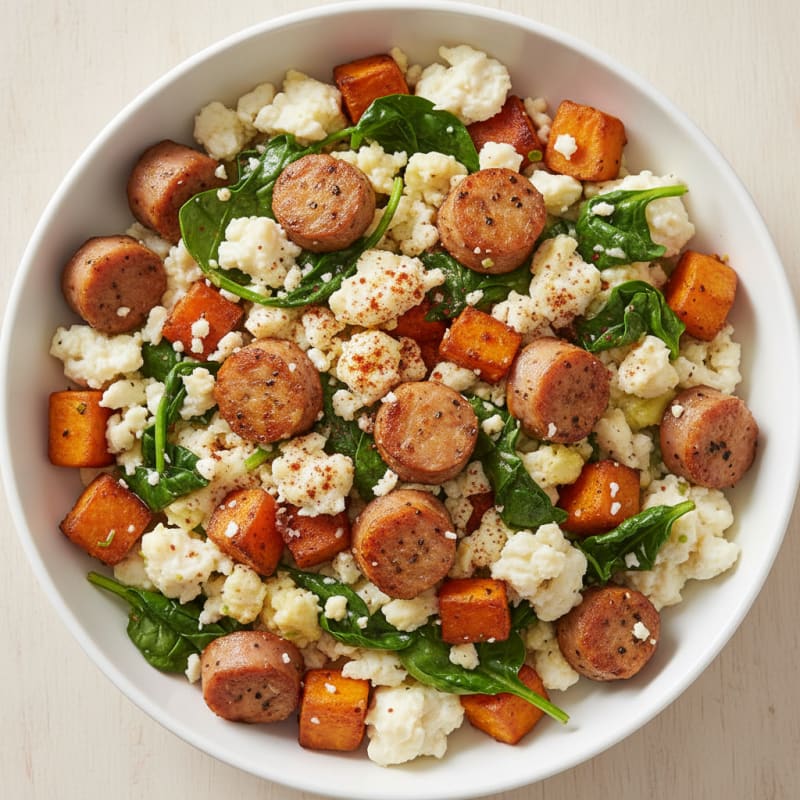 Crispy Turkey Sausage and Egg White Scramble with Spinach and Sweet Potato