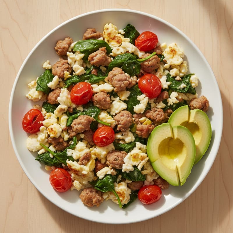 Egg White and Turkey Sausage Scramble with Spinach and Tomatoes