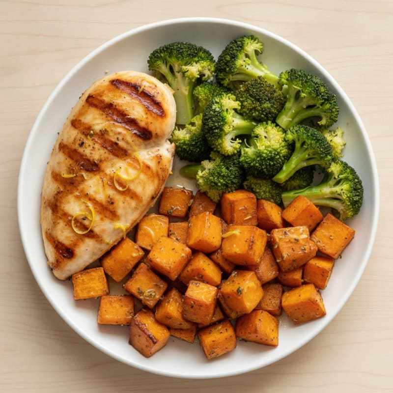 Grilled Chicken Breast with Roasted Sweet Potatoes and Steamed Broccoli