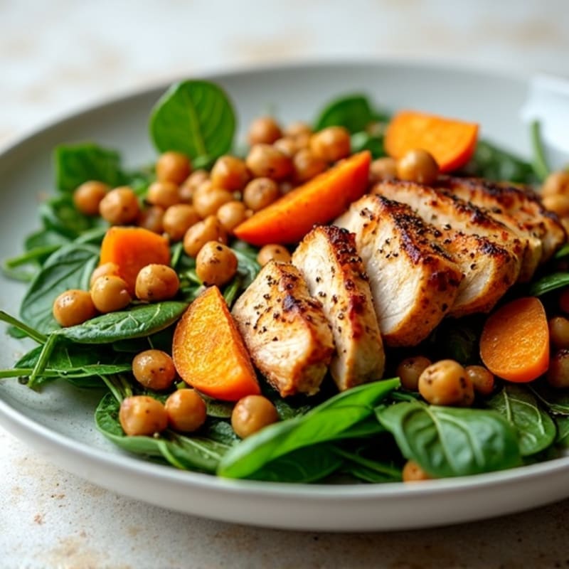 Roasted Sweet Potato and Fresh Spinach Salad with Maple Balsamic Dressing