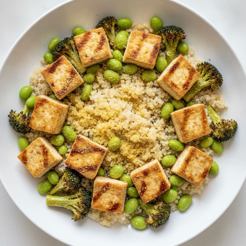 Seared Tofu and Edamame Power Bowl with Quinoa and Roasted Broccoli