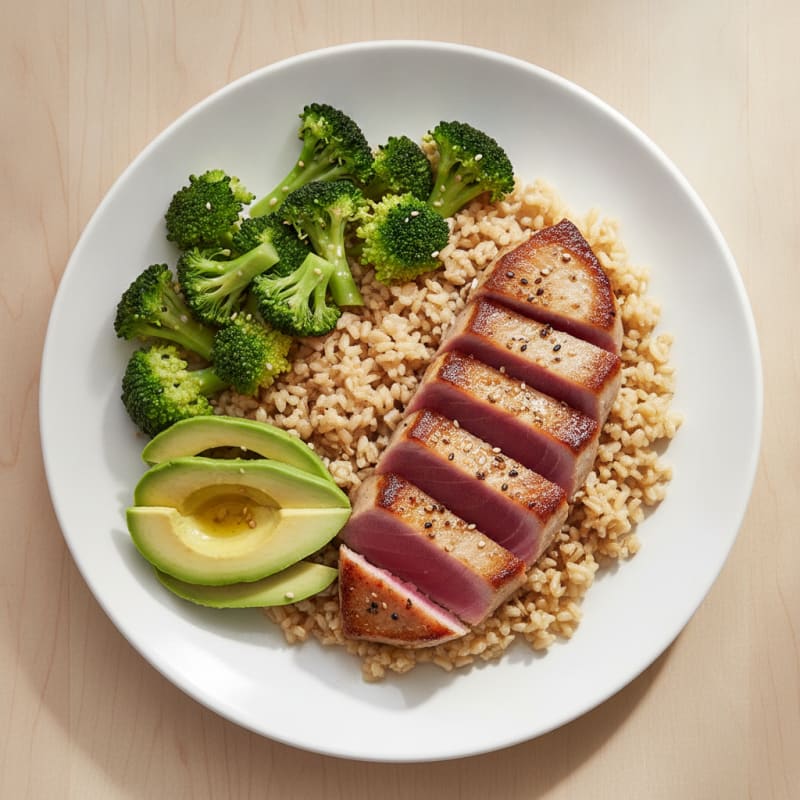 Seared Tuna Steak with Steamed Broccoli and Brown Rice