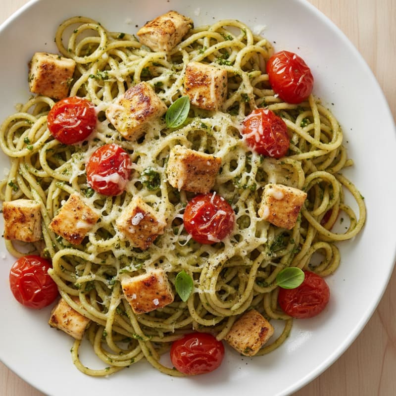Gouda Pesto Spaghetti with Roasted Tomatoes