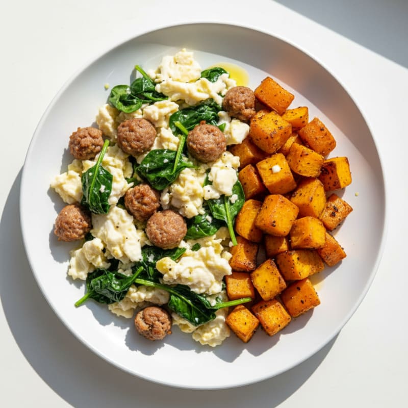 Egg White and Turkey Sausage Scramble with Spinach and Roasted Sweet Potatoes