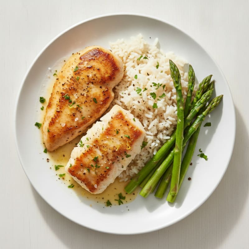 Pan-Seared Lemon Herb Chicken and Fish with Jasmine Rice
