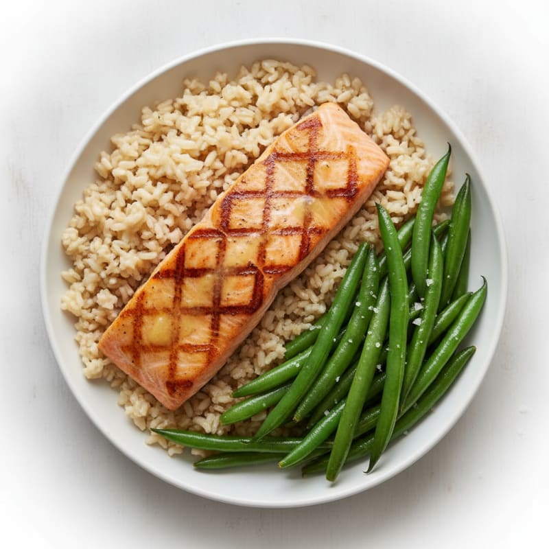 Seared Salmon with Steamed Green Beans and Brown Rice
